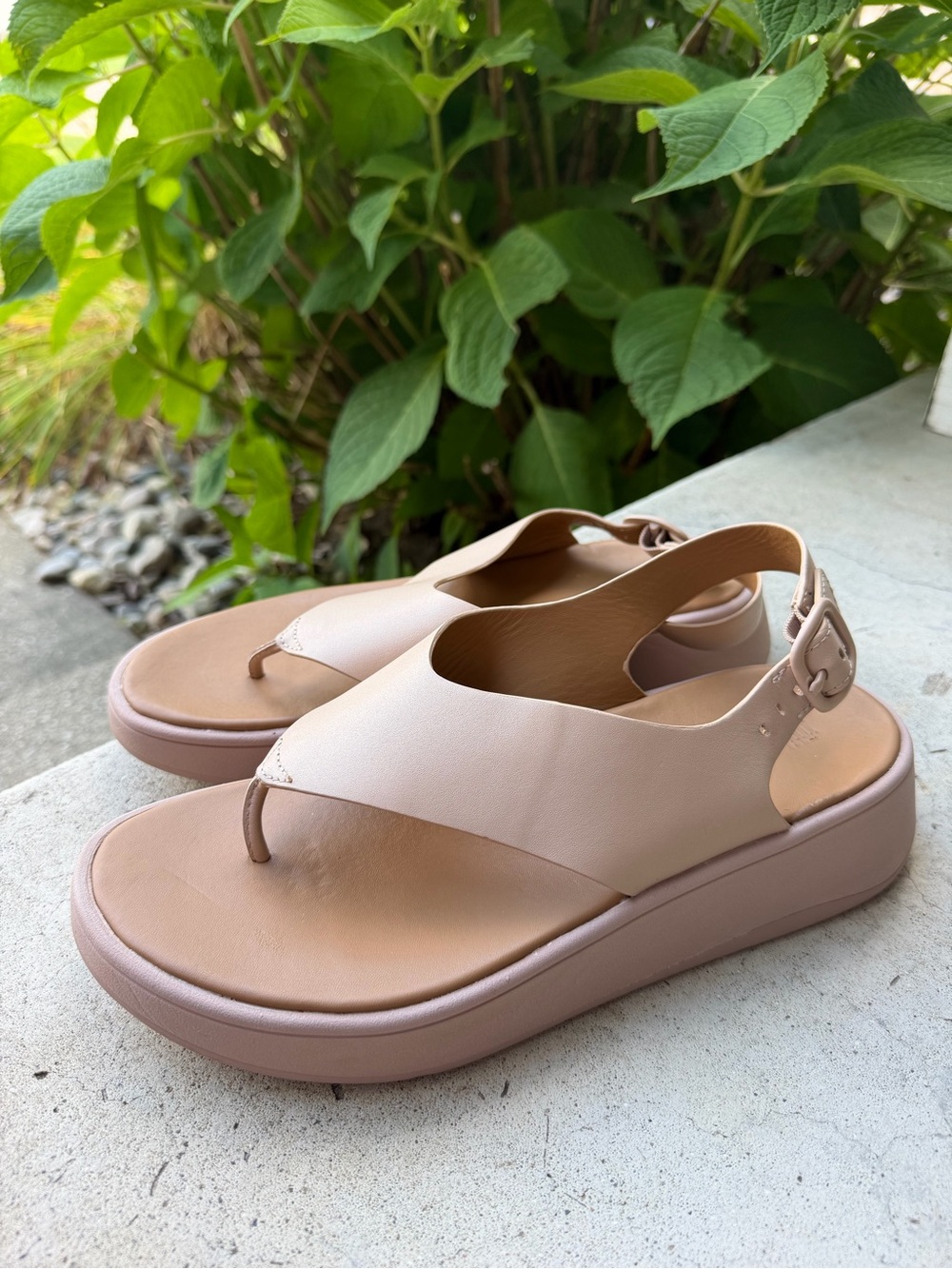 Women's Nude Leather Platform Thong Sandals